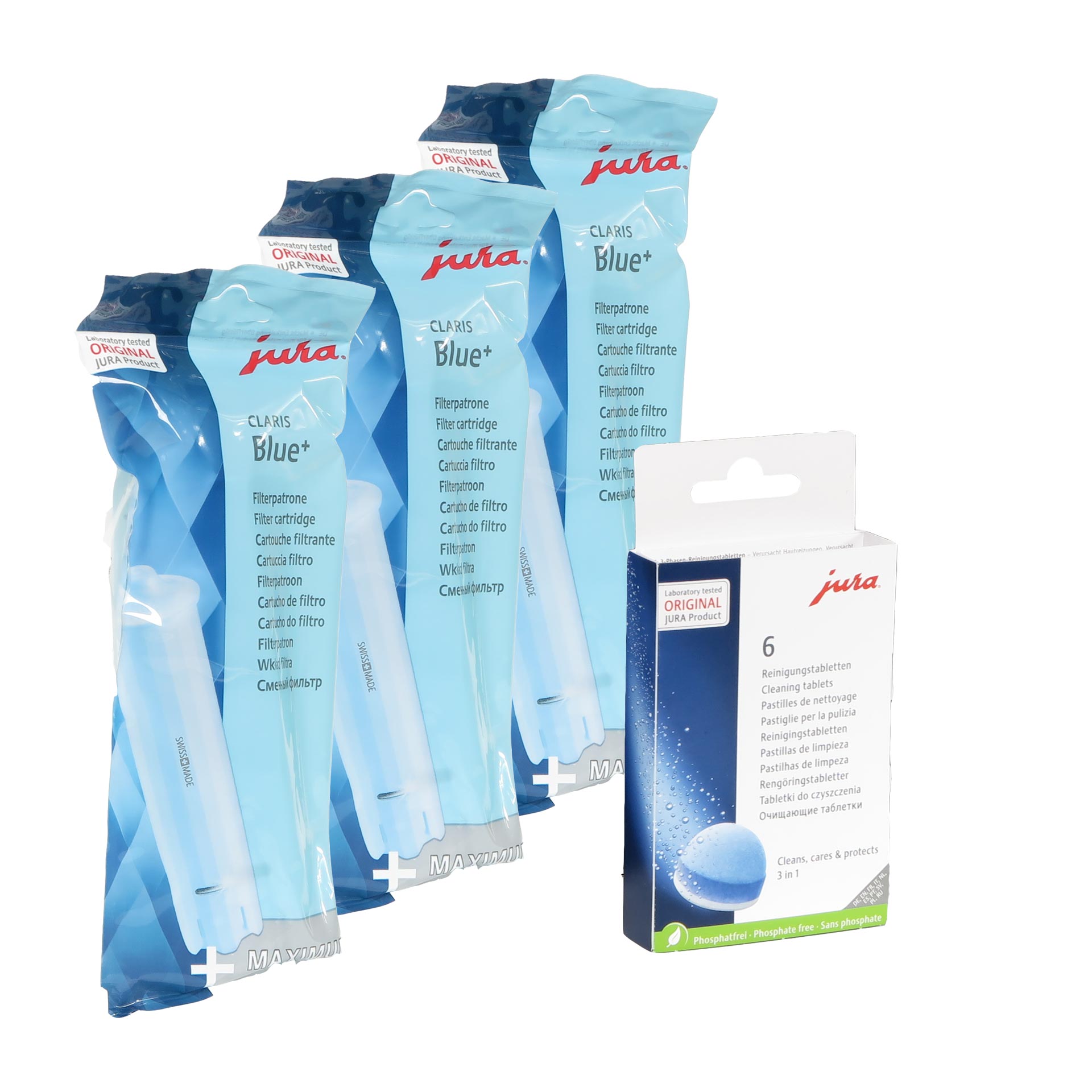 Jura Claris BLUE+ Filterpatrone 3 Stück + 6 Jura Reinigungstabletten